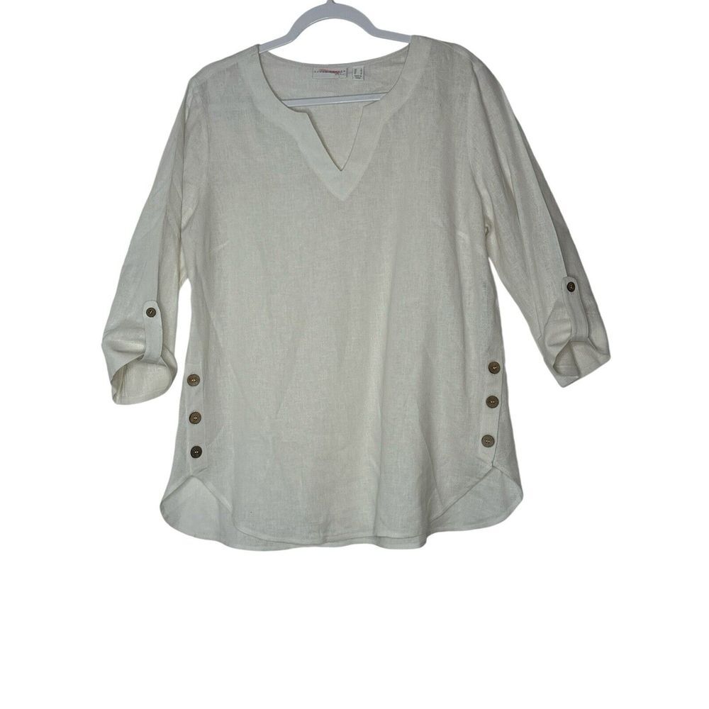 Susan Graver Top Women‎ Small Linen Blend Off White 3/4 Sleeve Classic Corpcore